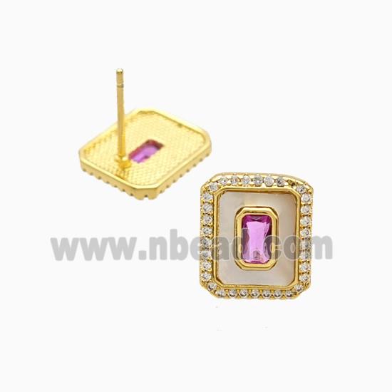 Copper Rectangle Stud Earrings Pave Zirconia Shell 18K Gold Plated