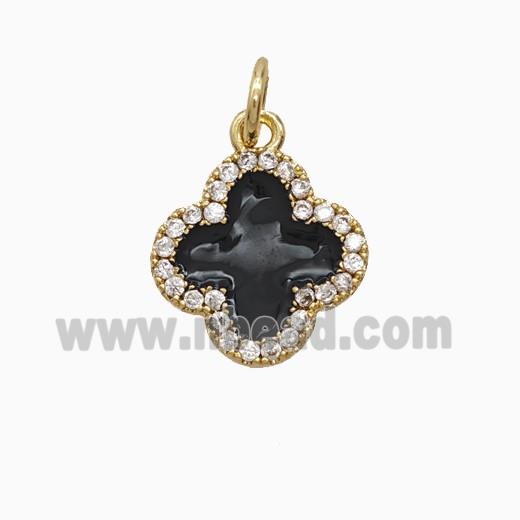 Copper Clover Pendant Pave Zirconia Black Enamel Gold Plated