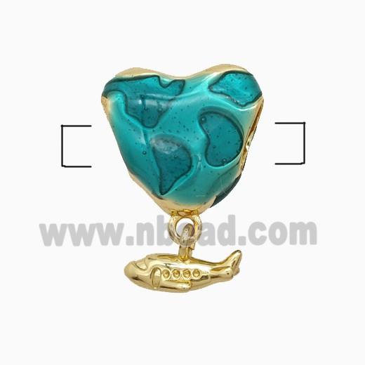Copper Heart Beads Green Enamel Large Hole Fish Gold Plated
