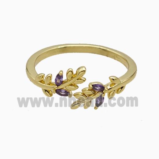 Copper Leaf Rings Pave Zirconia Gold Plated