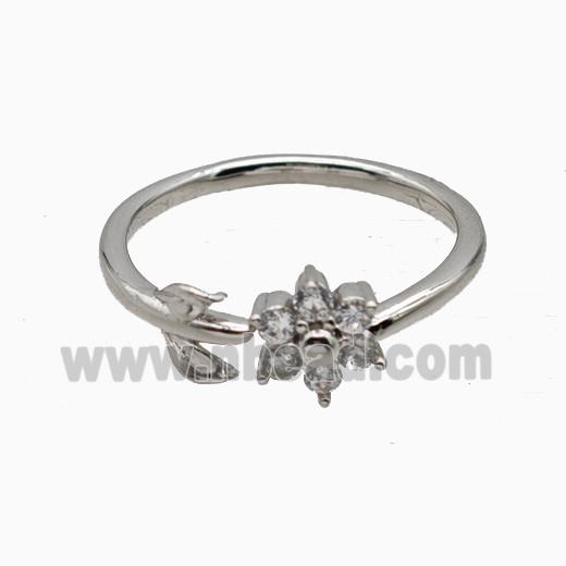 Copper Leaf Flower Rins Pave Zirconia Platinum Plated