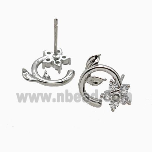 Copper Flower Stud Earrings Pave Zirconia Platinum Plated