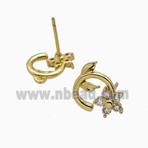 Copper Earring Studs Pave Zircon, Gold Plated