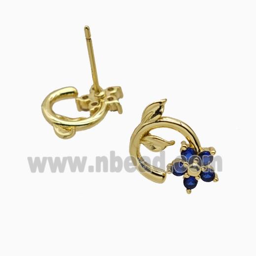 Copper Flower Stud Earrings Pave Zirconia Gold Plated