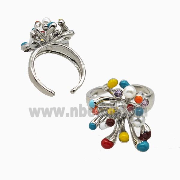Copper Flower Rings Pave Resin Multicolor Enamel Platinum Plated