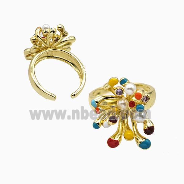 Copper Flower Rings Pave Resin Multicolor Enamel Gold Plated