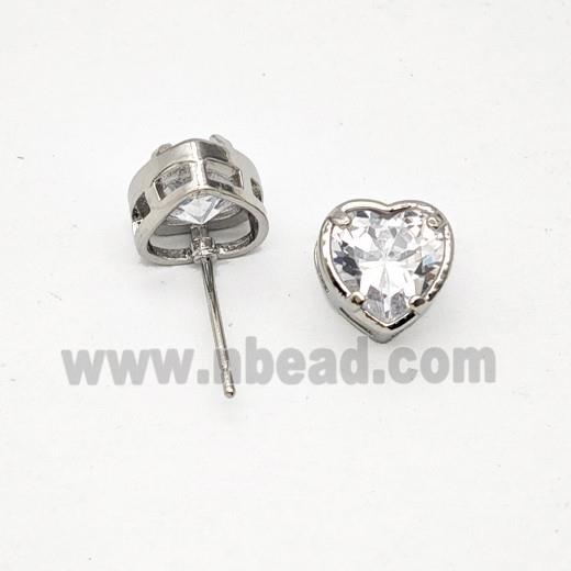 Copper Heart Stud Earrings Pave Zirconia Platinum Plated