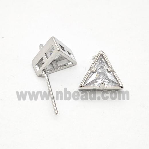 Copper Triangle Stud Earrings Pave Zirconia Platinum Plated