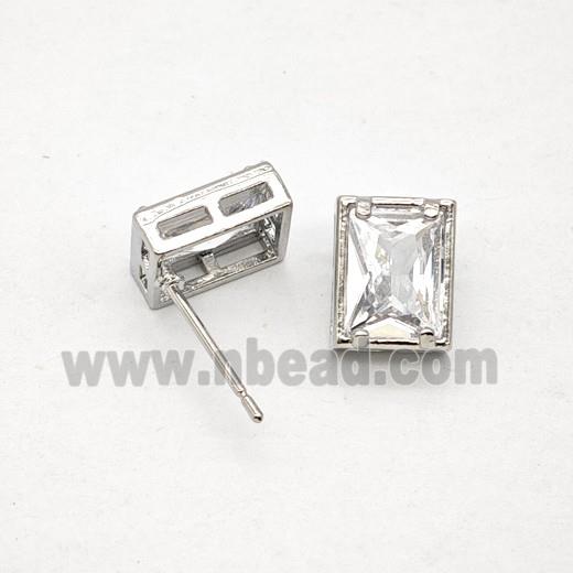 Copper Rectangle Stud Earrings Pave Zirconia Platinum Plated
