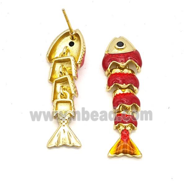 Copper Fish Stud Earrings Red Enamel Gold Plated