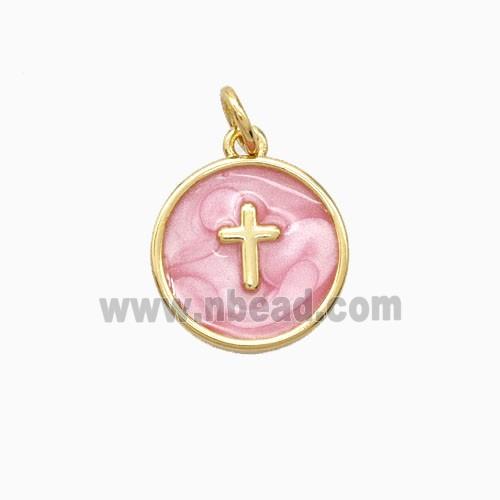 Copper Cross Pendant Pink Enamel 18K Gold Plated