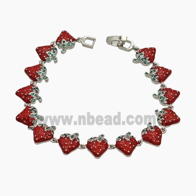 Copper Strawberry Bracelet Pave Zirconia Red Enamel Platinum Plated
