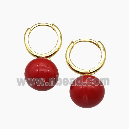 Copper Hoop Earrings Pave Red Pearlized Resin Ball Gold Plated