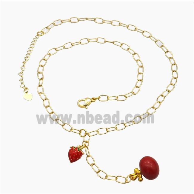 Copper Strawberry Necklace Red Enamel Gold Plated