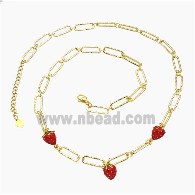 Copper Strawberry Necklace Red Enamel Gold Plated
