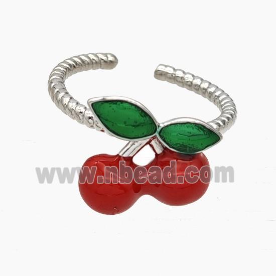 Copper Cherry Rings Red Enamel Platinum Plated