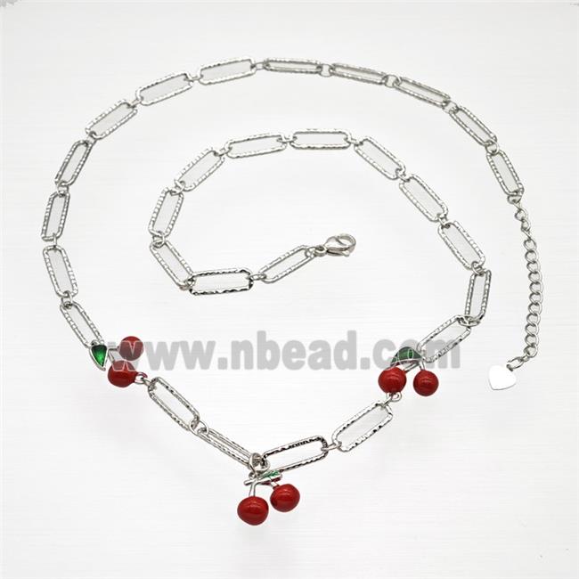 Copper Cherry Necklace Red Enamel Platinum Plated