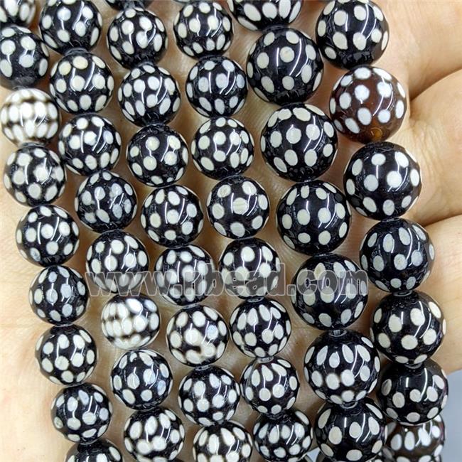Black Tibetan Agate Beads Smooth Round Spots