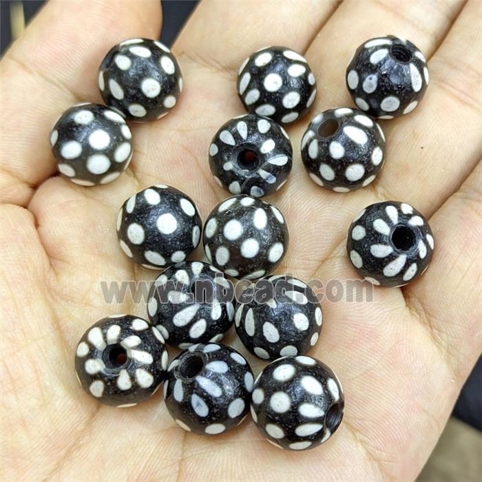 Black Tibetan Agate Beads Smooth Round White Spots Large Hole