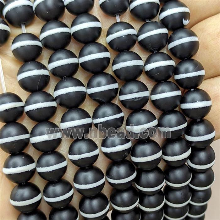 Tibetan Agate Beads Black Round White Line