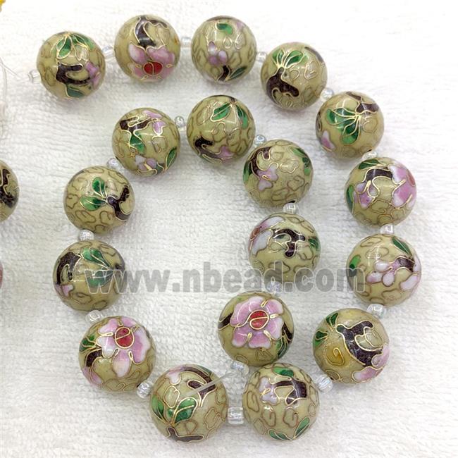 Olive Cloisonne Copper Round Beads Flower