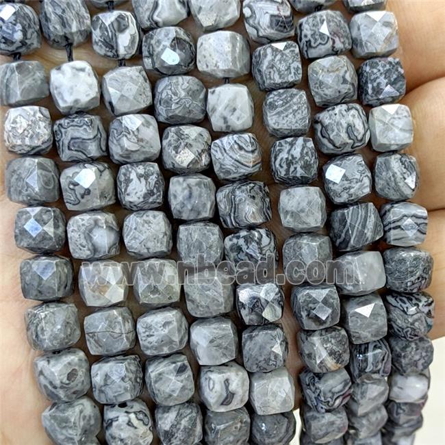 Natural Gray Map Jasper Beads Faceted Cube