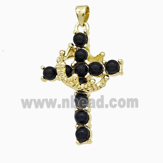 Copper Crown Cross Pendant Pave Black Obsidian Gold Plated