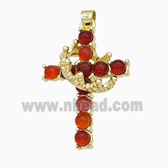 Copper Crown Cross Pendant Pave Red Carnelian Agate Gold Plated
