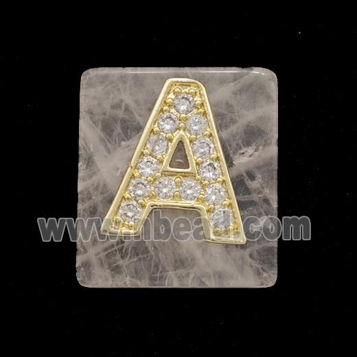 Rose Quartz Square Pendant With Copper Letter-A Pave Zirconia Gold Plated