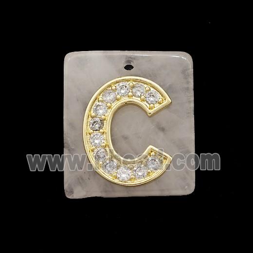 Rose Quartz Square Pendant With Copper Letter-C Pave Zirconia Gold Plated