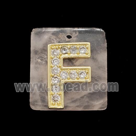 Rose Quartz Square Pendant With Copper Letter-F Pave Zirconia Gold Plated