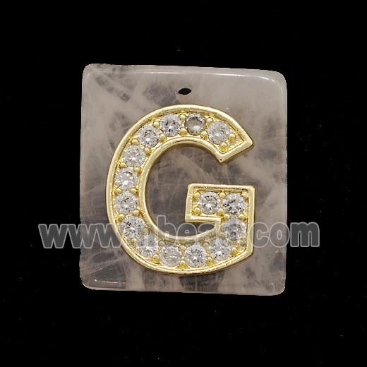 Rose Quartz Square Pendant With Copper Letter-G Pave Zirconia Gold Plated