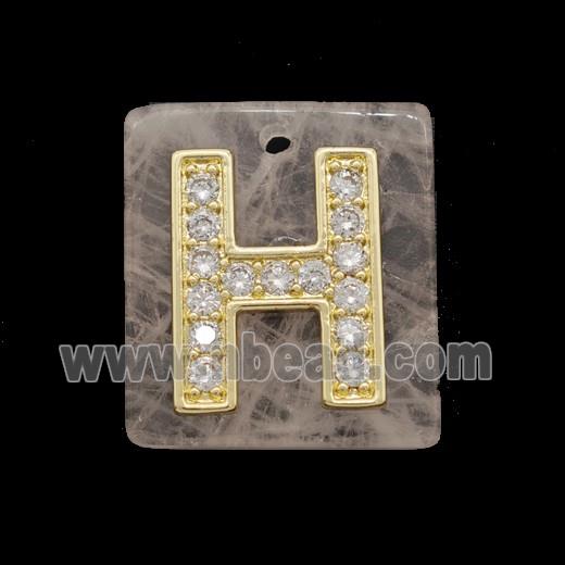 Rose Quartz Square Pendant With Copper Letter-H Pave Zirconia Gold Plated