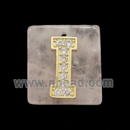 Rose Quartz Square Pendant With Copper Letter-I Pave Zirconia Gold Plated