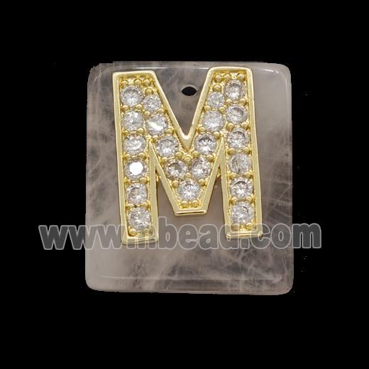 Rose Quartz Square Pendant With Copper Letter-M Pave Zirconia Gold Plated