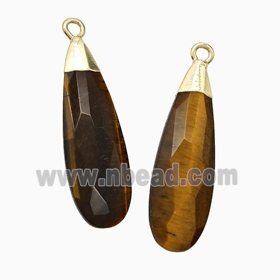 Natural Tiger Eye Stone Teardrop Pendant Faceted Gold Plated