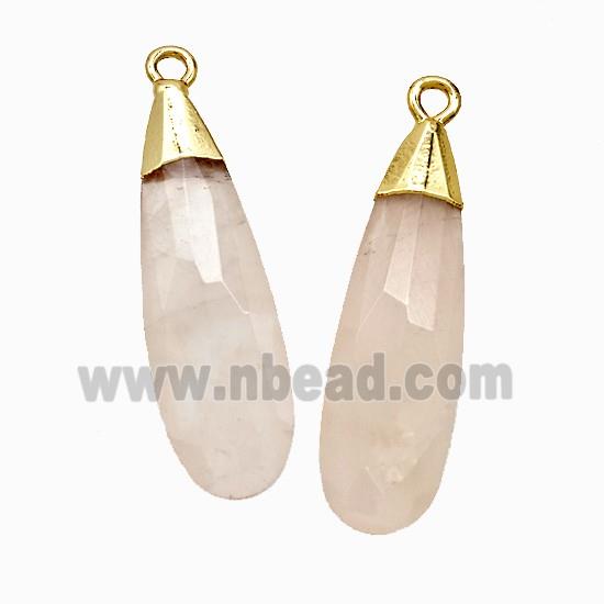 Natural Pink Rose Quartz Teardrop Pendant Faceted Gold Plated