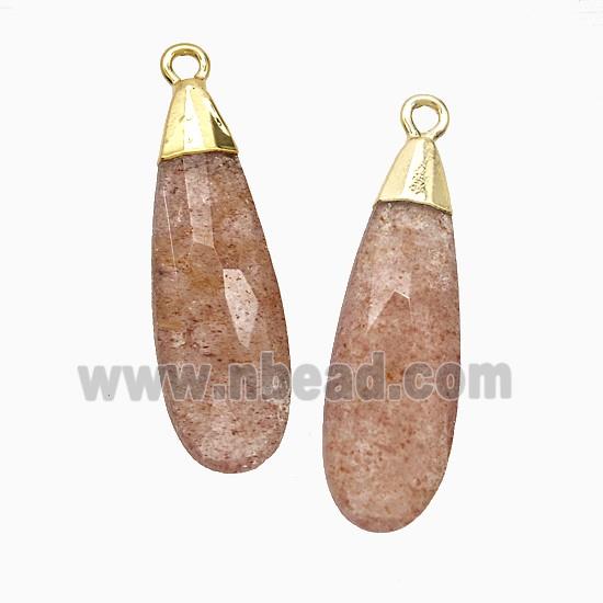 Natural Pink Strawberry Quartz Teardrop Pendant Faceted Gold Plated