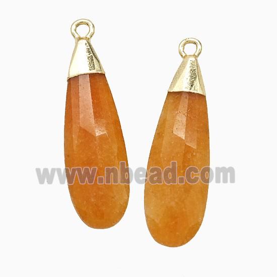 Orange Dye Jade Teardrop Pendant Faceted Gold Plated