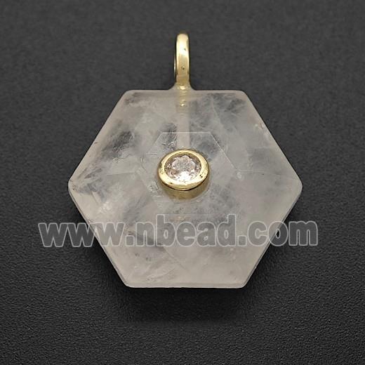 Clear Crystal Quartz Hexagon Pendant Pave Zirconia