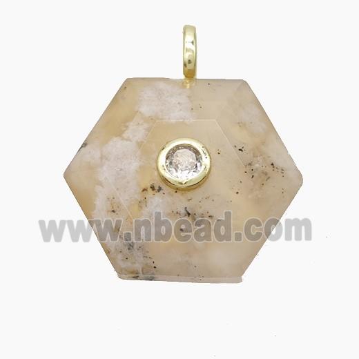 Sakura Agate Hexagon Pendant Pave Zirconia