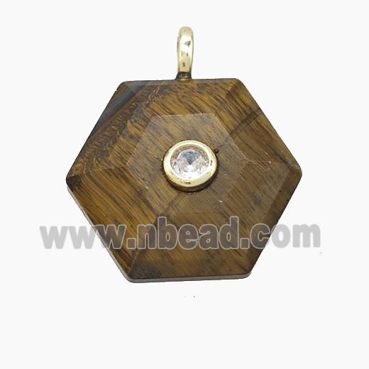 Tiger Eye Stone Hexagon Pendant Pave Zirconia