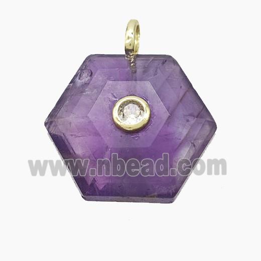 Purple Amethyst Hexagon Pendant Pave Zirconia