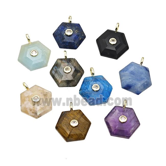 Mixed Natural Gemstone Hexagon Pendant Pave Zirconia