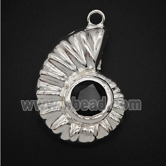 Copper Spiral Shell Pendant Pave Obsidian Hollow Shiny Silver