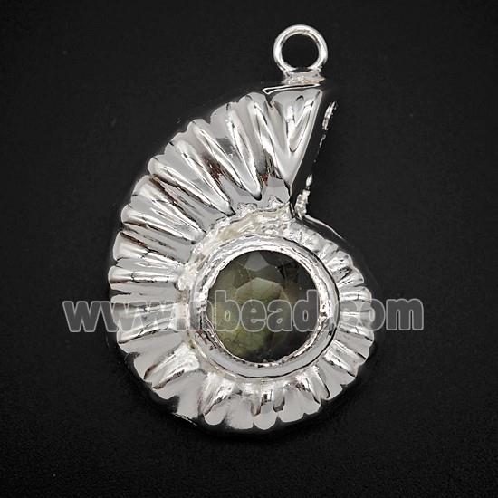 Copper Spiral Shell Pendant Pave Labradorite Hollow Shiny Silver