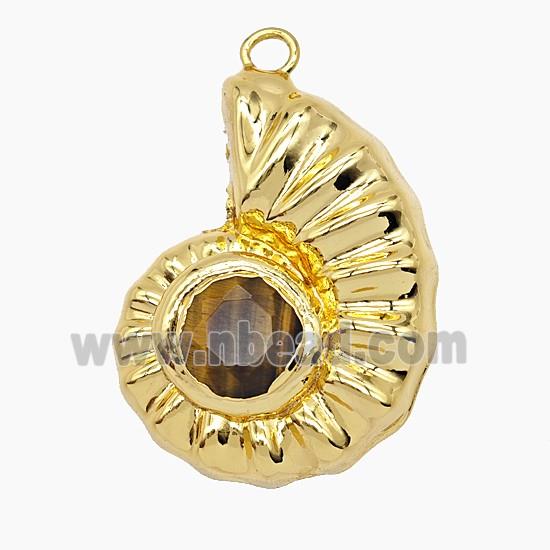 Copper Spiral Shell Pendant Pave Tigereye Hollow Gold Plated