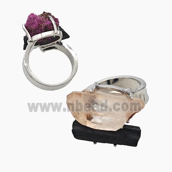 Copper Rings With Black Tourmaline Pink Crystal Quartz Platinum Plated