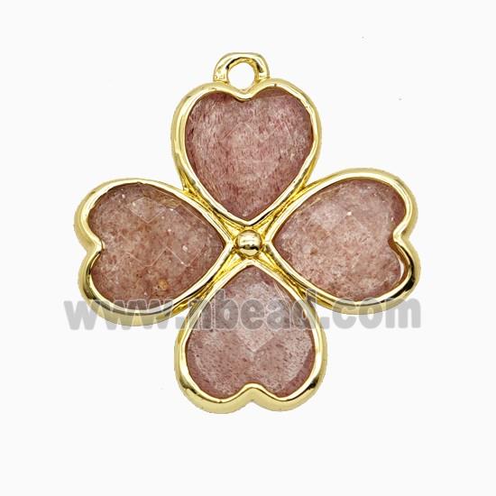 Natural Pink Strawberry Quartz Clover Pendant Heart Gold Plated