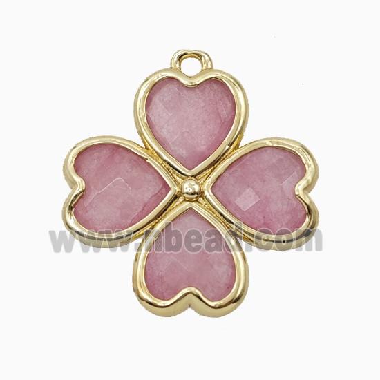 Pink Dye Jade Clover Pendant Heart Gold Plated